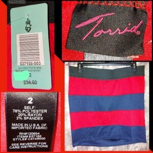 Torrid brand Red/Navy Blue/Black Wide Stripes Ponte Mini Skirt Sz 2|2X|18/20